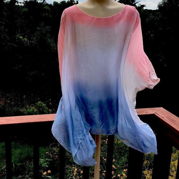 Vintage sheer Blouse Peach Fuzz Blue silk two piece layered Ombré Top size Small - Picture 3 of 16